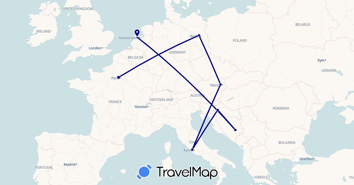 TravelMap itinerary: driving in Austria, Bosnia and Herzegovina, Germany, France, Croatia, Italy, Netherlands (Europe)